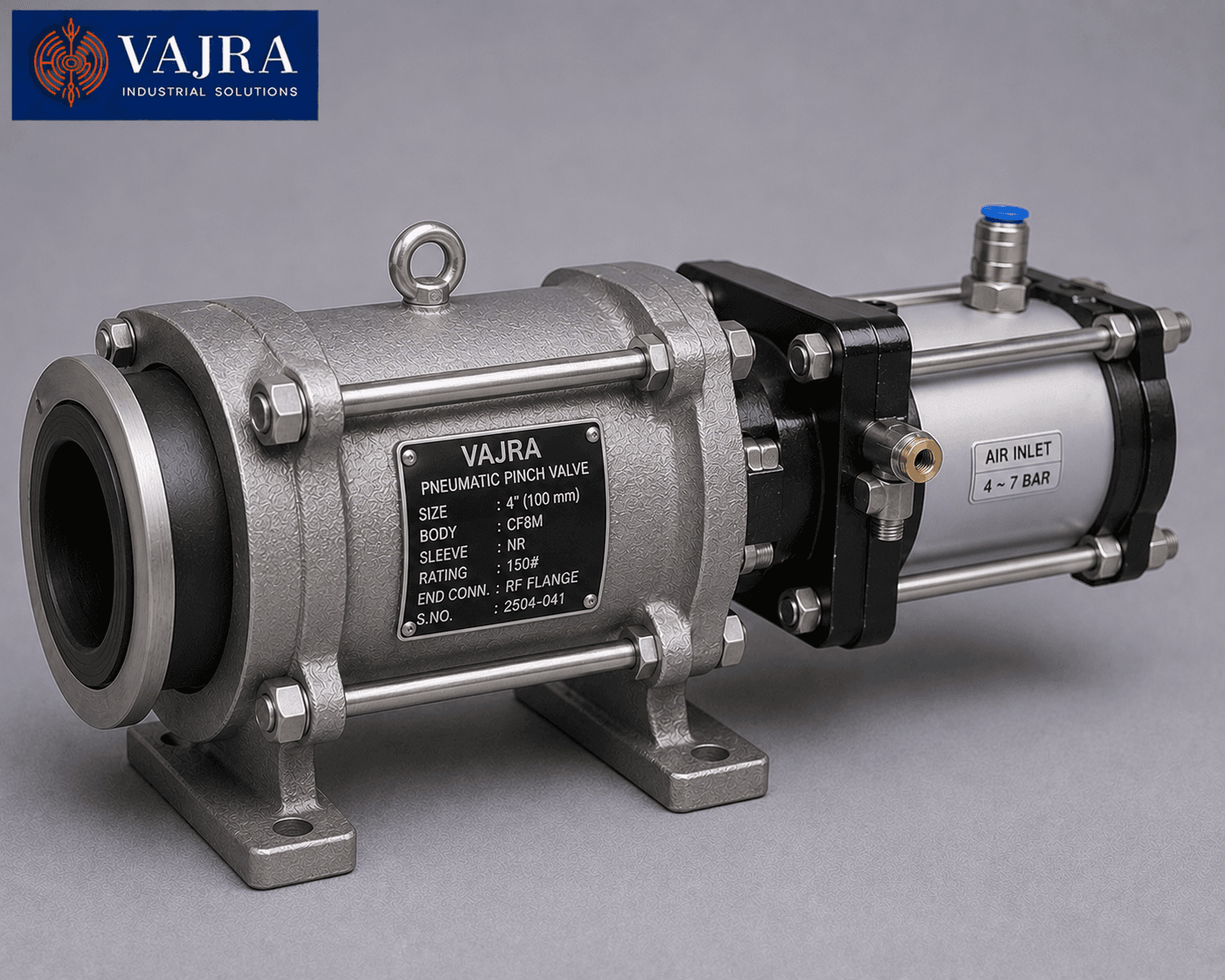 Pneumatic pinch valve for abrasive slurry and granular material control