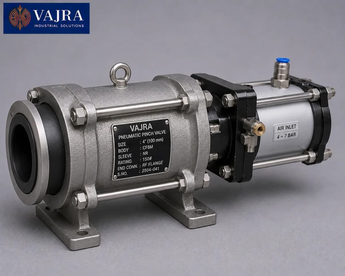 Pneumatic pinch valve for abrasive slurry and granular material control